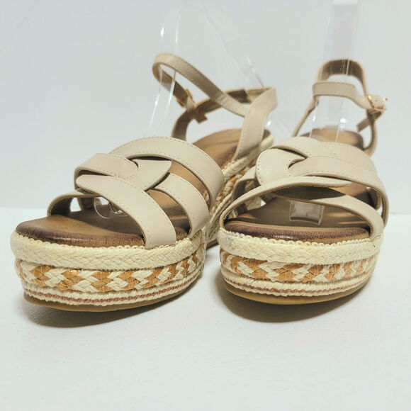 Espadrille Wedge Platform Sandals Sz 9 41 Cream Faux Leather Buckle Ankle Strap - Picture 6 of 16